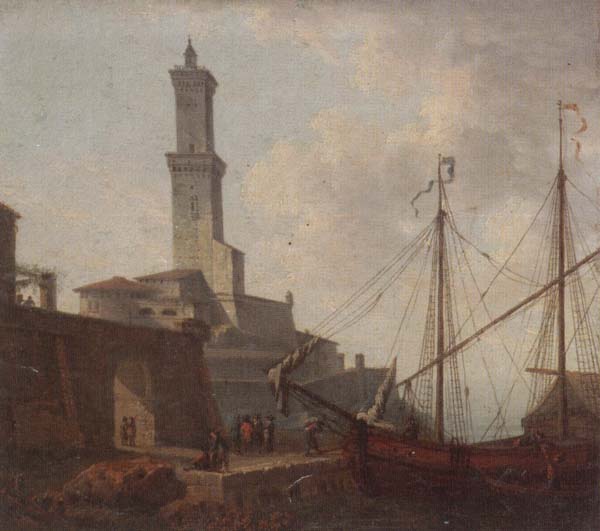 A Port scene with figures loading a boat